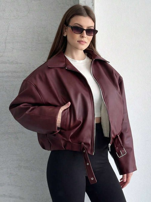 Bordeaux Oversize-Jacke in Lederoptik