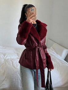 Bordeaux Jacke mit Felloptik-Besatz